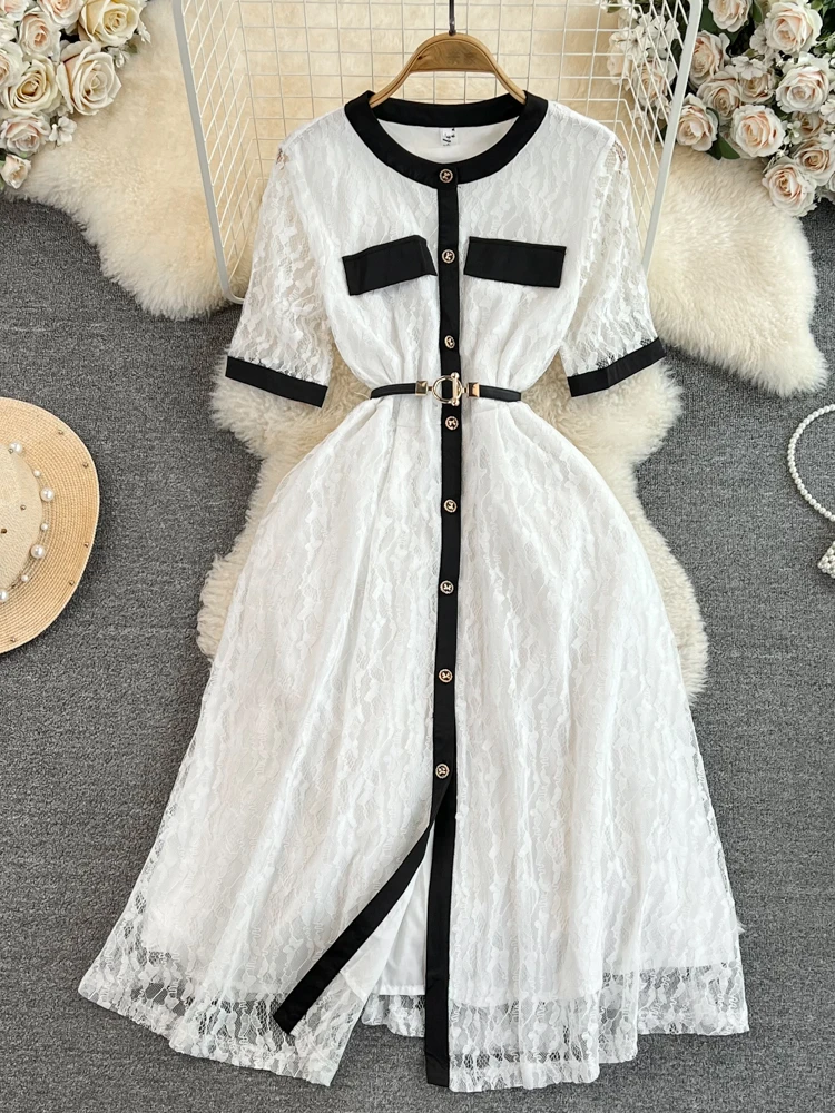 

FMFSSOM New Casual Spring Summer Solid Slim Short Lady Dress A Line V Neck O Neck Button Single Breasted Women Dresses