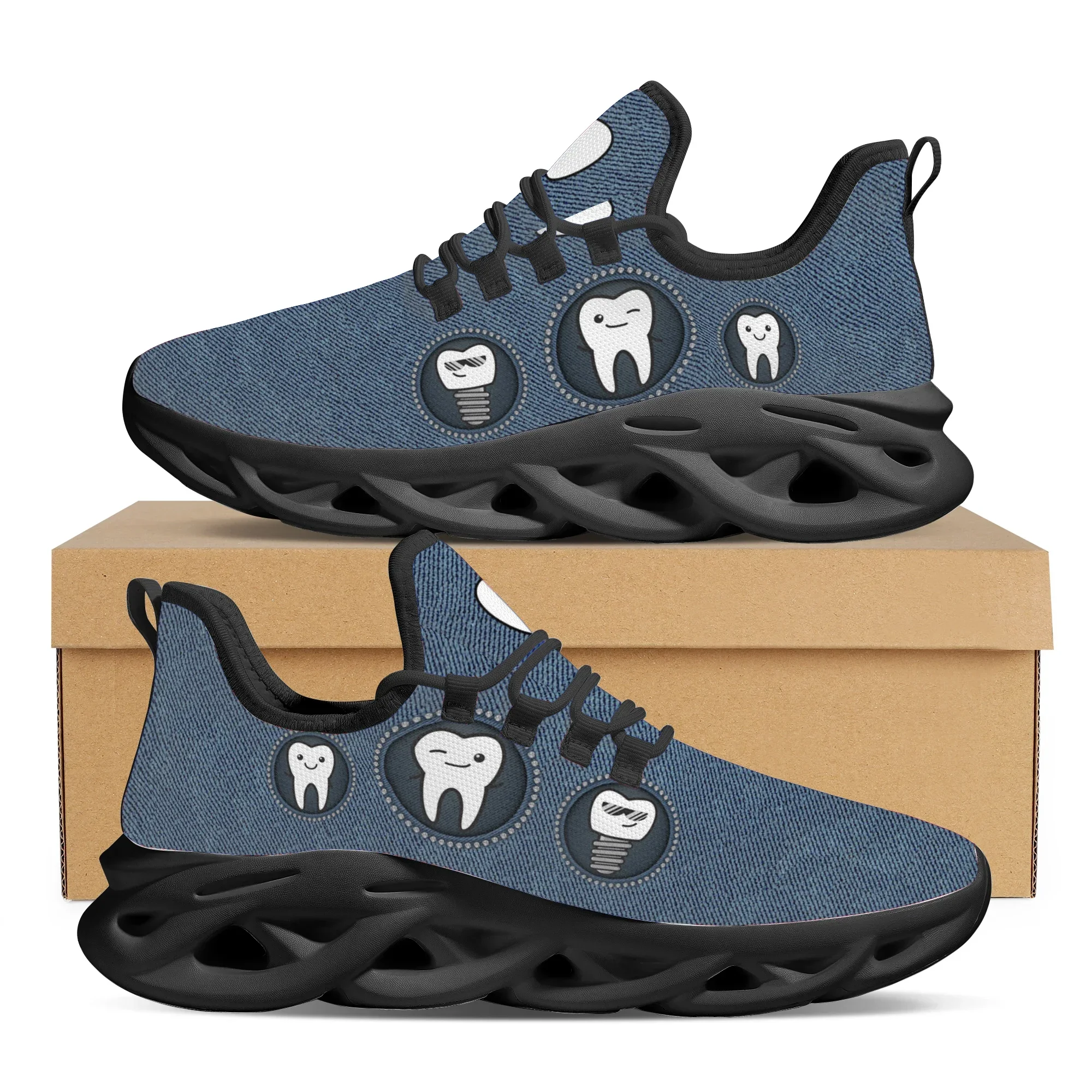 Funny Dentist Teeth Print Women's Flat Shoes Blue Lace-up Sneaker Summer Breathable Kint Footwear For Teen Girls