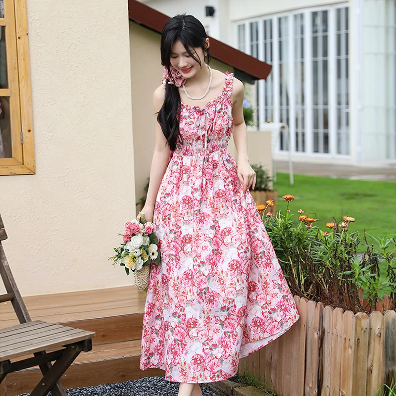 

French Sweet Age-reducing Floral Dress Oil Painting Printing Small Fresh Midi Suspenders Dress for Women Boho Holiday Dresses