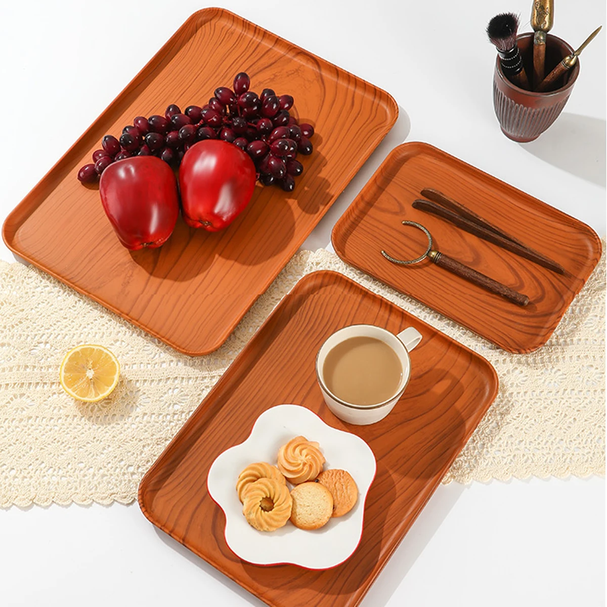 WORTHBUY Rectangular Plastic Storage Tray Wood Grain Food Serving Tray Fruit Snack Dessert Plate Tea Cup Kitchen Organizer