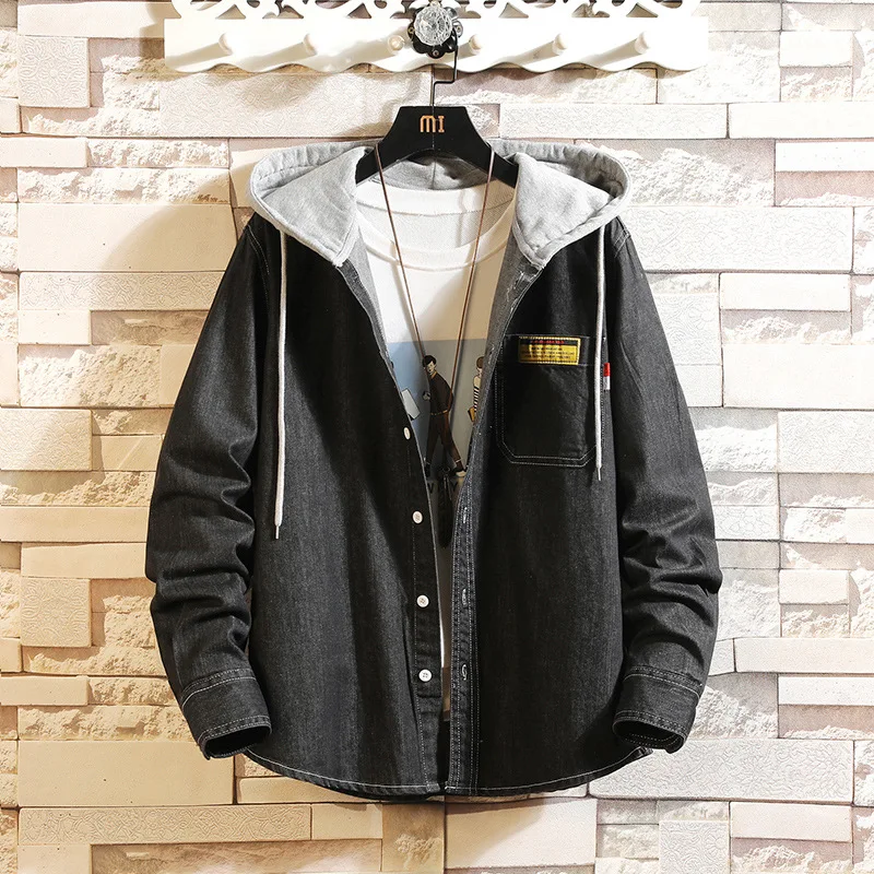 

Spring And Autumn Students New Hooded Loose Hong Kong Style Cowboy Shirt Men Embroidered Clothes Youth Shirt