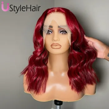 UStyleHair Red Short Wave Wig Burgundy Lace Front Wig Body Wave Bob Synthetic Hair Daily Use Cosplay Wig Natural Hairline