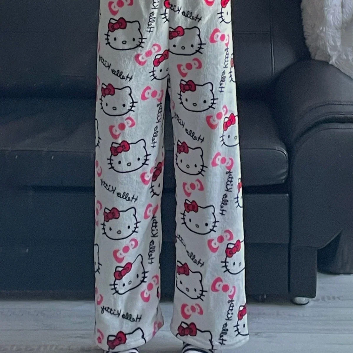 2024 Sanrio Hello Kitty Pajamas Halloween Flannel Fashion Trouserswomen Kawaii Woolen Anime Cartoon Casual Home Pants Autumn 3