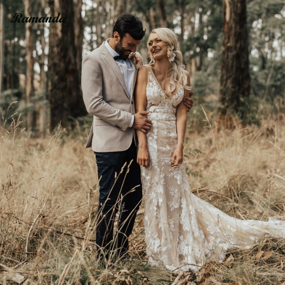 

Ramanda Boho Mermaid 2023 Backless Wedding Dresses Lace Deep V-Neck Real Photo vestidos de novia Bohemian robe de mariée