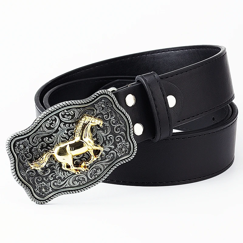 Golden Horse Belt Men Galoppo Horse Wild Western Cowboy Style Animals Pattern Buckle