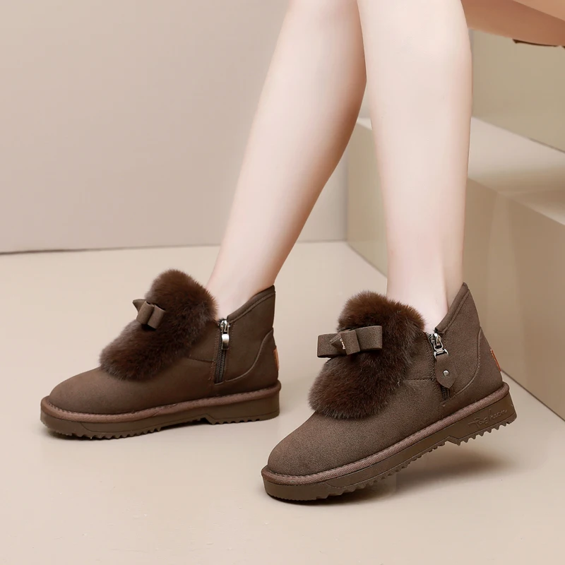 

Женские ботинки, кожаная женская обувь, ботинки с круглым носком, женская зимняя обувь на молнии, плюшевая обувь на плоской подошве, австралийские Низкие ботильоны с мехом 2023 для снега