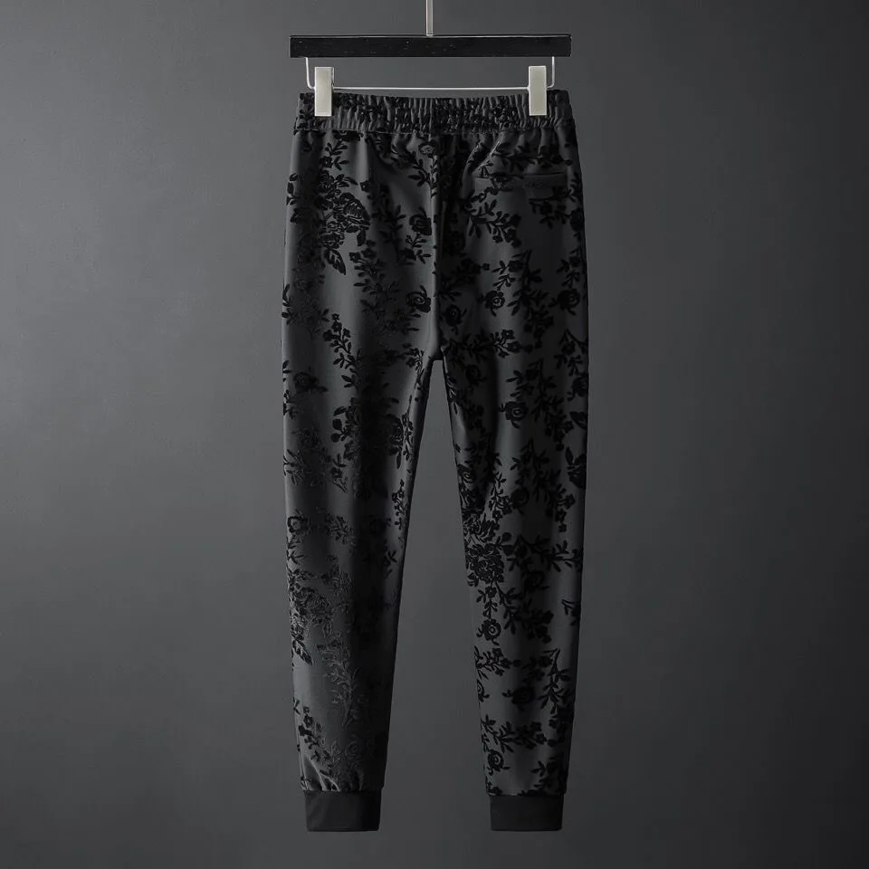 High end flocked jacquard men's casual pants autumn and winter thickened warm loose large size sports pants for men