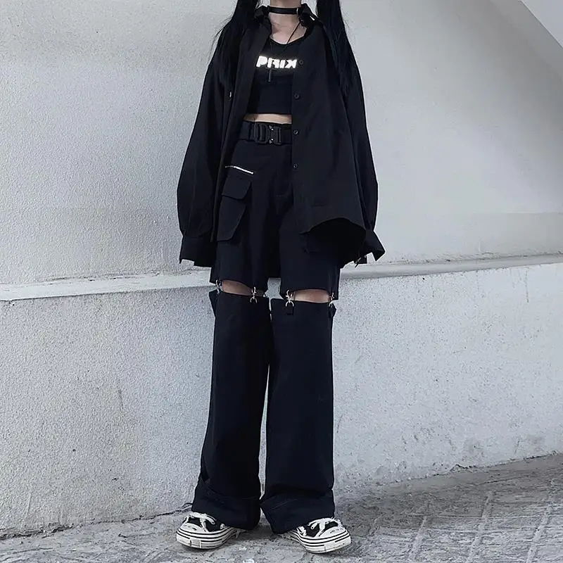 New 2025 Streetwear Black Pants for Women Fashion High Waist Detachable Streetweart Cargo Pants Woman