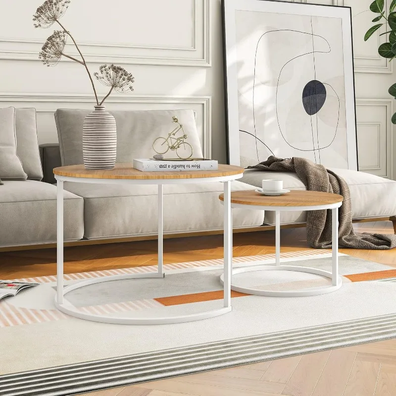 Industrial Round Coffee Table Set of 2 End Table for Living Room,Home Office,Stacking Side Tables,Wood Look Accent Furniture 4