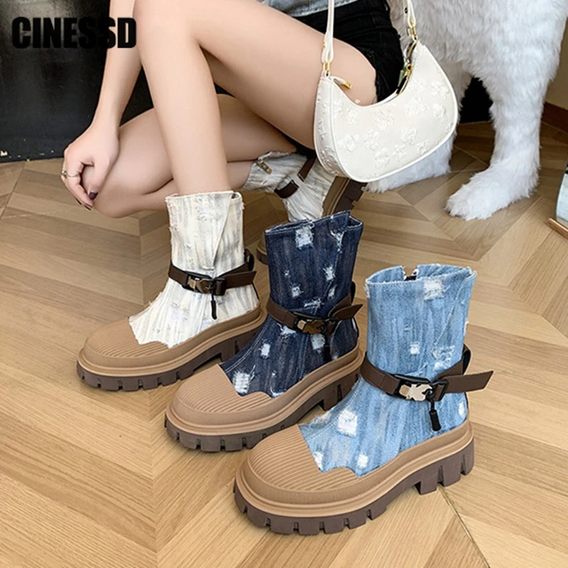 

Patchwork Denim Ankle Boots Ladies Motorcycle 2023 New Women Casual Thick Bottom Chunky Heels Female Shoes Punk Metal Decoration