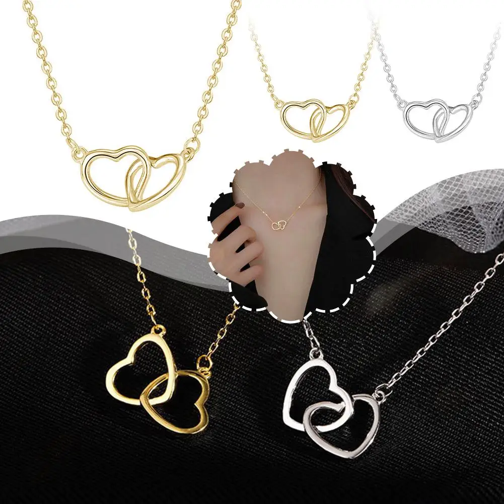 

Simple Fashion Double Heart Interlocking Necklace Female Chain Gift Eternal Love Accessories Pendant Clavicle Versatile Jew D9C7