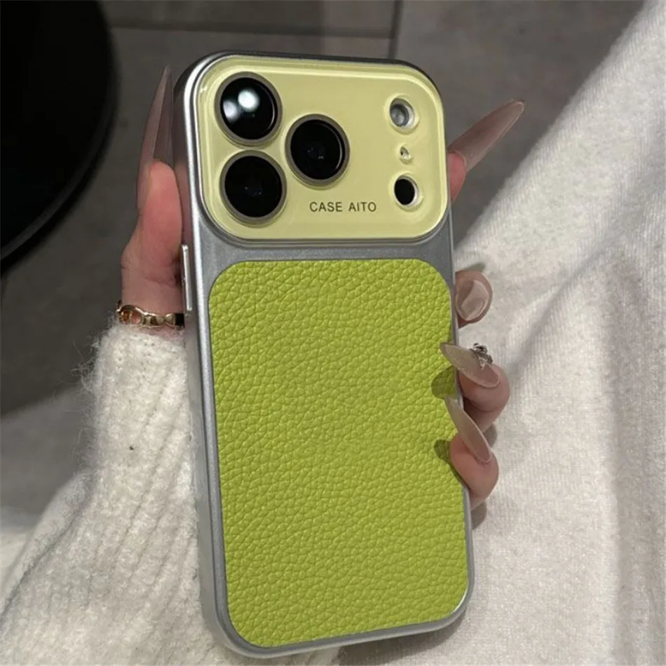 Deluxe Lychee Leather Textured Phone Case with Lens Protection and Shockproof Bumper
