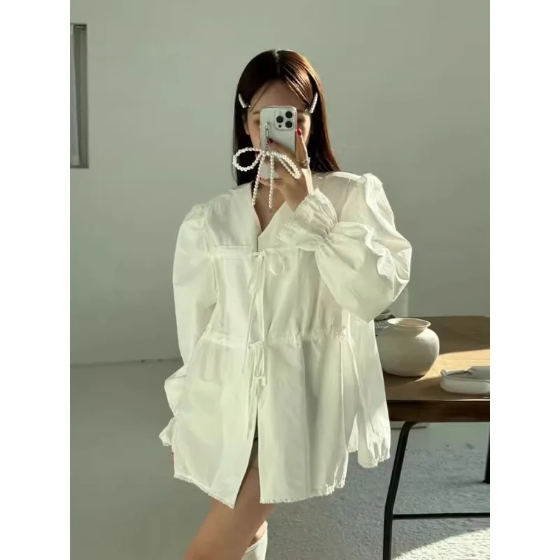 

VANOVICH Korean Style Spring Design Splicing Lace-up Waist Slim Casual Shirt Women's Loose Solid Color Flare Sleeves Sweet Shirt