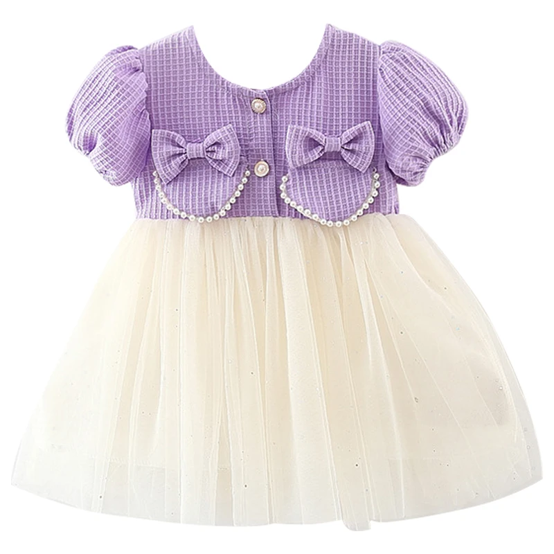 Summer Baby Girl Dresses Korean Fashion Cute Bow Mesh Short Sleeve Toddler Princess Dress Birthday Outfit Newborn Clothes BC1710