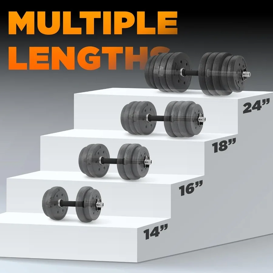 Pair of Threaded Dumbbell Handles with Collars 24 inch, Rubber Grip, Fit 1”/ 1.15" Plates, Weight Bar Connector