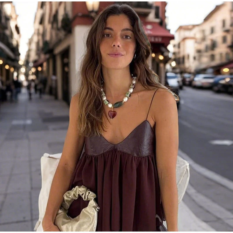 Description Picture 4 of itemPU Leather Patchwork Halter Top Female V-Neck Backless Vest Pleated Loose Casual Camisole Lady Beach Bikini Suspender Waistcoat