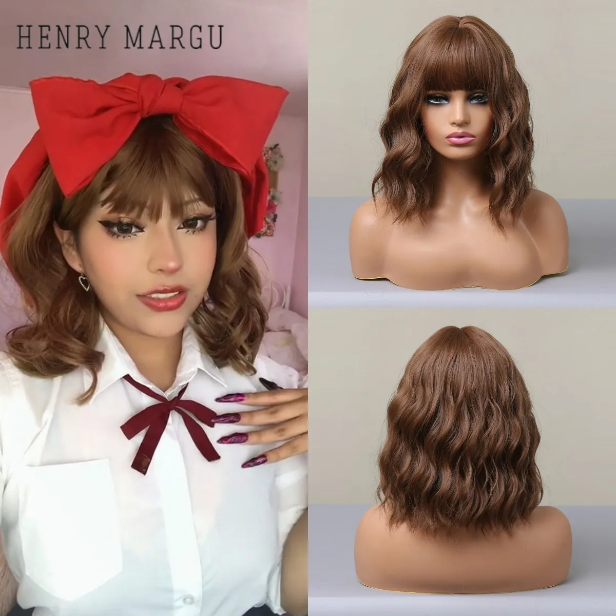 Cosplay Naoko Kirino Short Bob Synthetic Wig Ombre Brown Wavy Hair Wigs With Bangs for Black Women Medium Pumpking Night