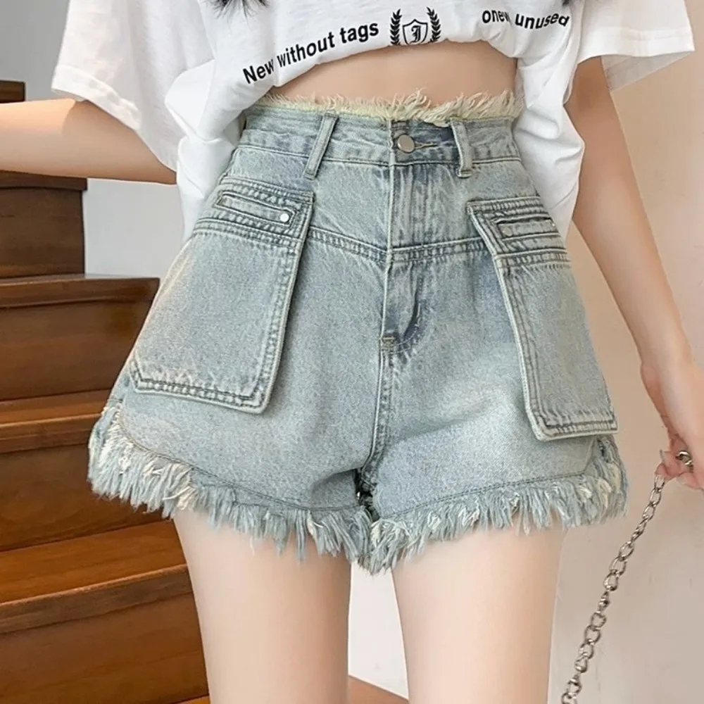 Denim Shorts Women's High Waist Invisible Open Crotch Outdoor Sex Summer Loose A- Line Slimming Small Hot Pants Raw Hem Jeans