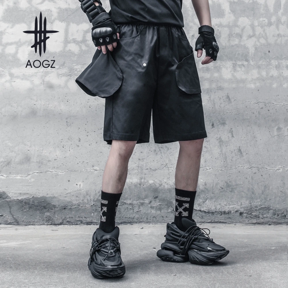 AOGZ Hip Hop Cargo Short Pants Men Streetwear Harajuku Pockets Knee Length Pants Trousers Loose Casual Shorts Elastic Waist
