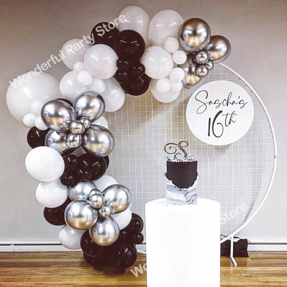 80PcsBlackBalloonArchKitGarlandWhiteChromeSilverLatexBalloons