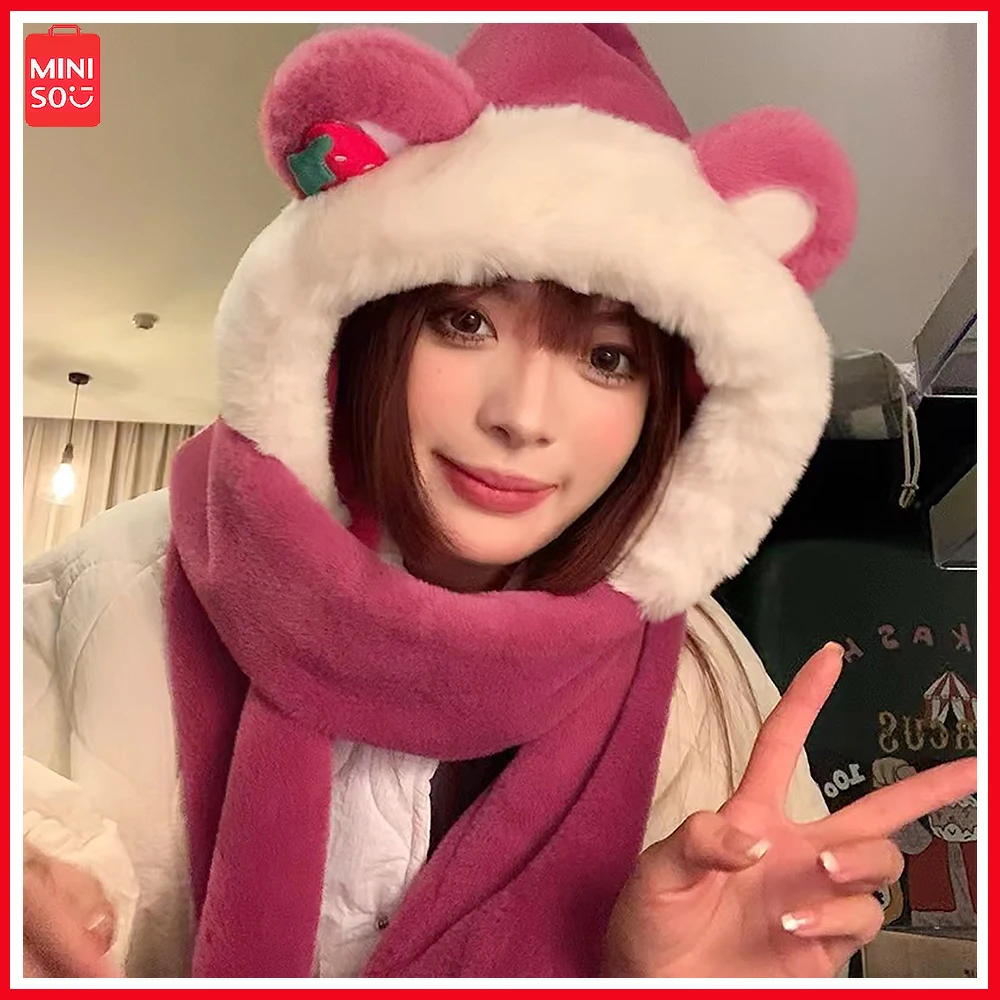 

Miniso Lotso Kawaii Anime Hat Scarf One Piece Hat Women Winter Korean Sweet Thick Warm Plush Bib Gloves Three Piece Birthday