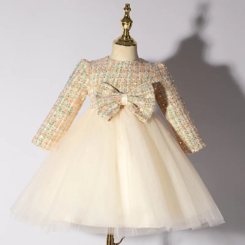 

Champagne Sequin Evening Dresses for Little Girl Elegant Party Fluffy Tulle Plaid Dress Child Clothes Formal Sexy Prom Ball Gown