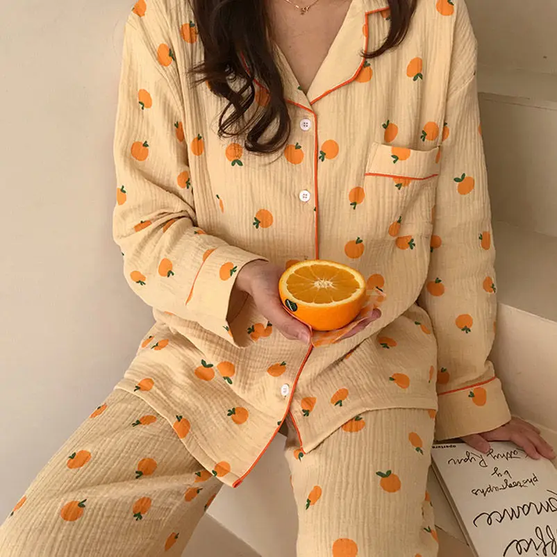 KawaiiCottonHomeSuitKoreanSleepwearOrangePrintPajamasWomen