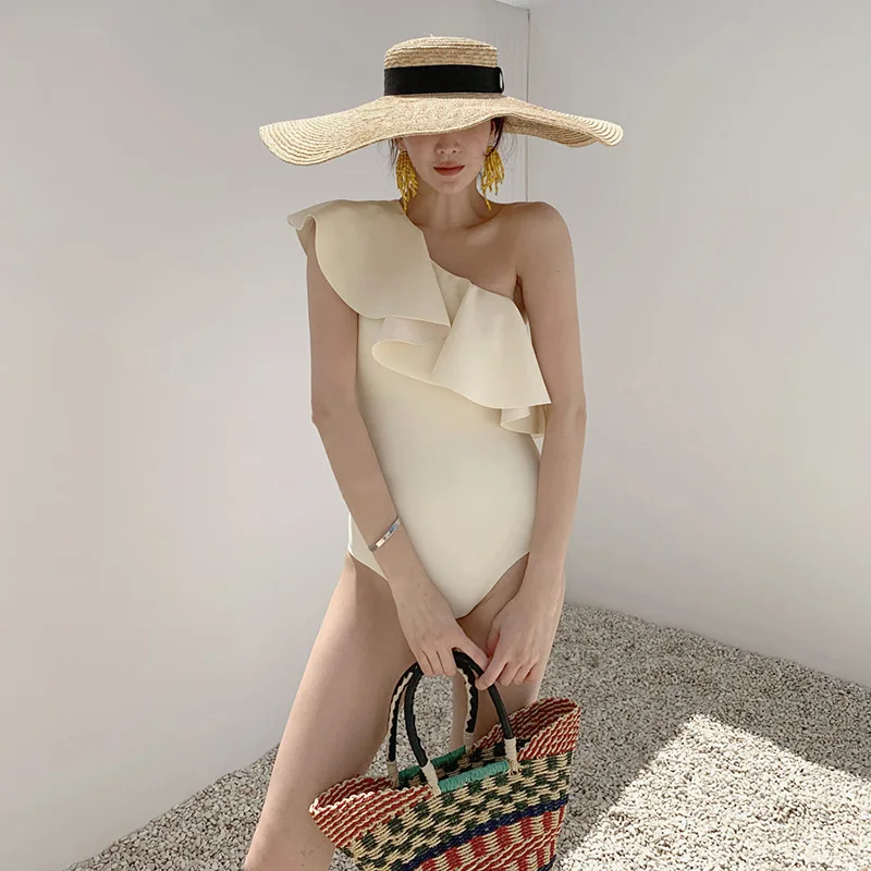 

South Korea's New Solid Color Bikini Sexy Big Lotus Leaf Side Belly Is Thin and Conservative One-shoulder Swimsuit Women