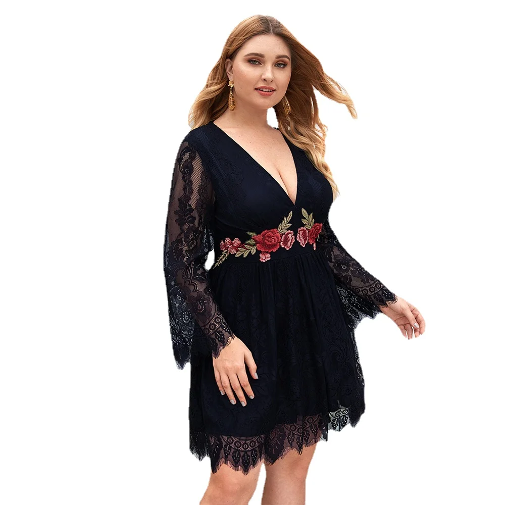 Plus Size Christmas Dress Women Lace 