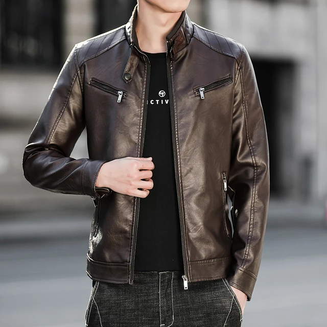 Chaquetas de cuero PU para hombre, chaqueta de cuello alto de alta