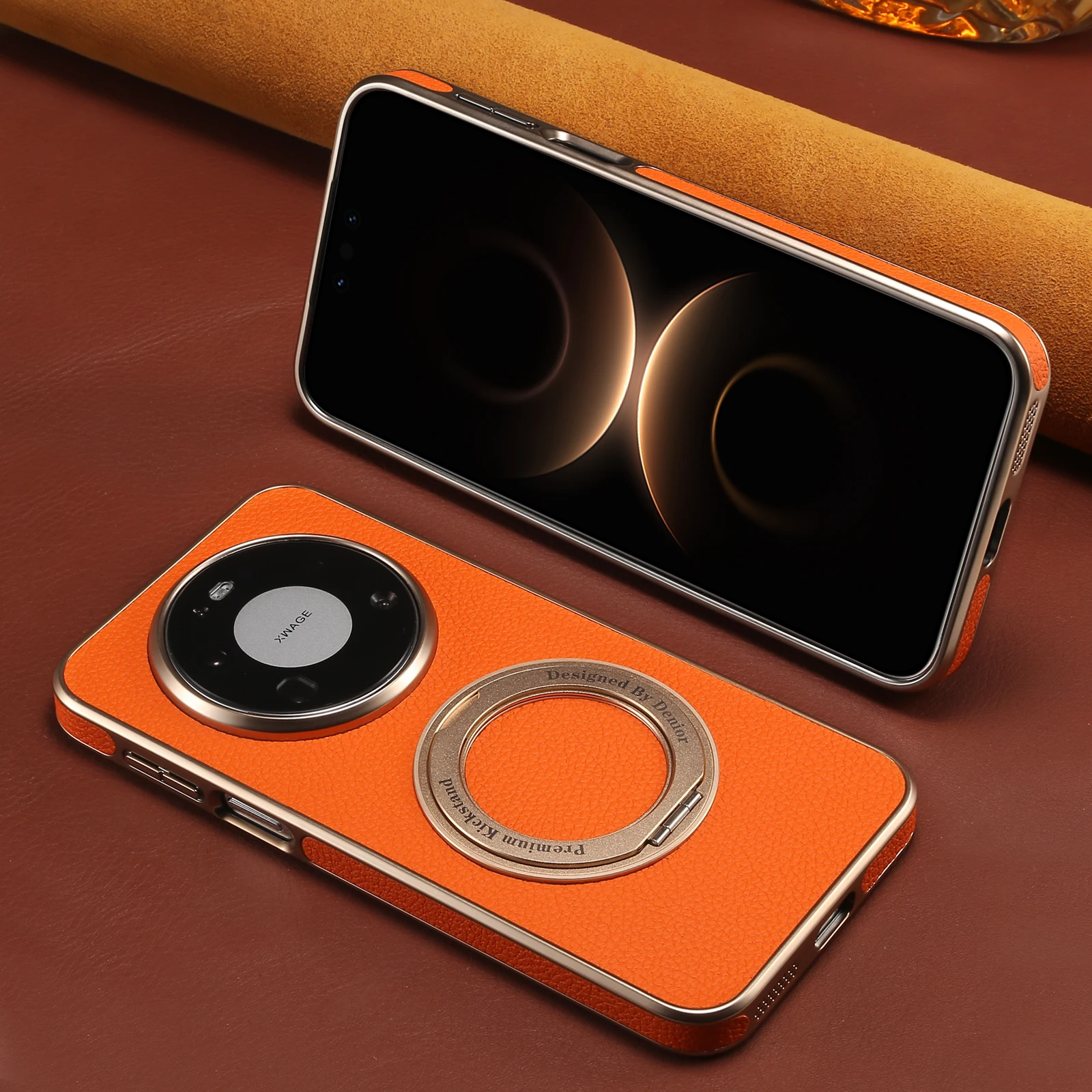 Denior Litchi Grain Faux Leather Phone Case with 360° Rotating Stand Holder