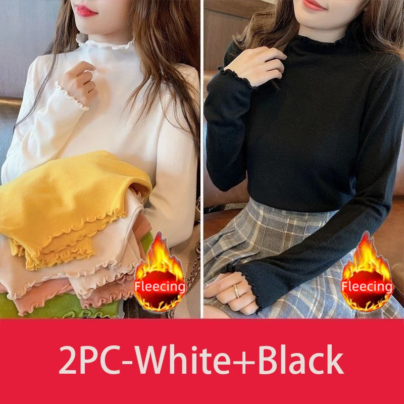 Autumn Winter Warm Fleecing Slimming Sweet Basic TuntleNeck Edible Underwear Long sleeve Top Women's T-shirt & Blouses Trend2024