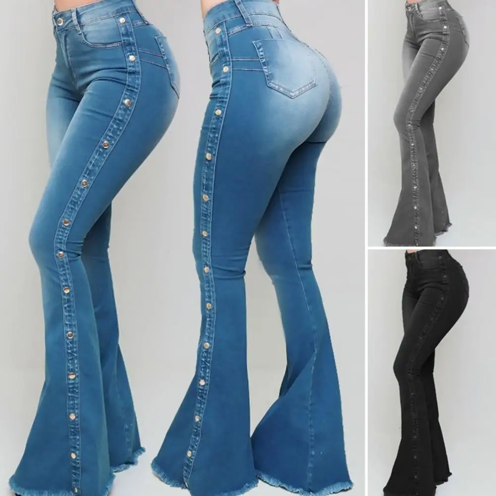 

Trendy Denim Pants Skin-Touch Rivet Decor Wide Leg Flare Denim Pants Button Fly Washed Skinny Flare Jeans Female Clothing