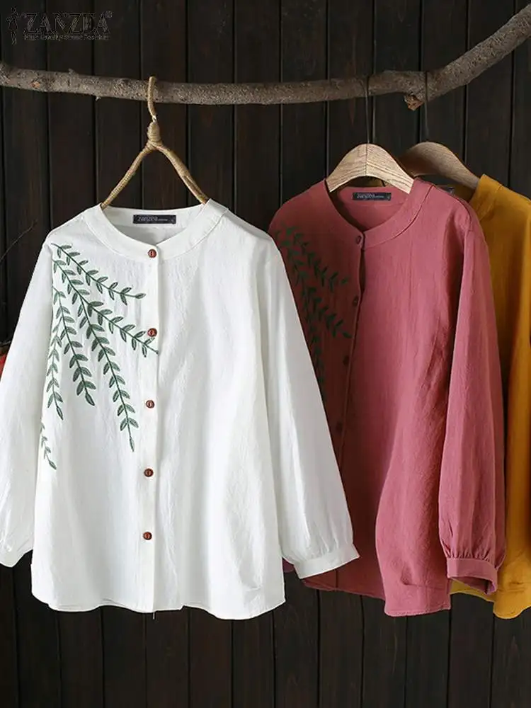 

Fashion O-neck Summer Tops ZANZEA Women Baggy Embroidery Blouse 2024 Casual Long Sleeve Button Shirt Oversized Solid Tunic Femme