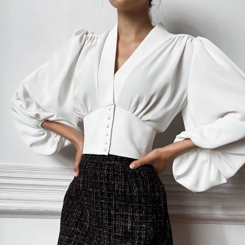 French Style White Chiffon Shirt Women 2024 Spring/Summer Loose Temperament Short V-neck Lantern Sleeve Shirt Women's Clothing F