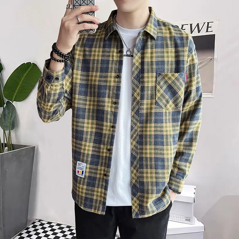 Men's Shirt and Blouse Long Sleeve Male Top with Pocket Plaid Cheap Brand Button Original Luxury Social Aesthetic Collar Clothes