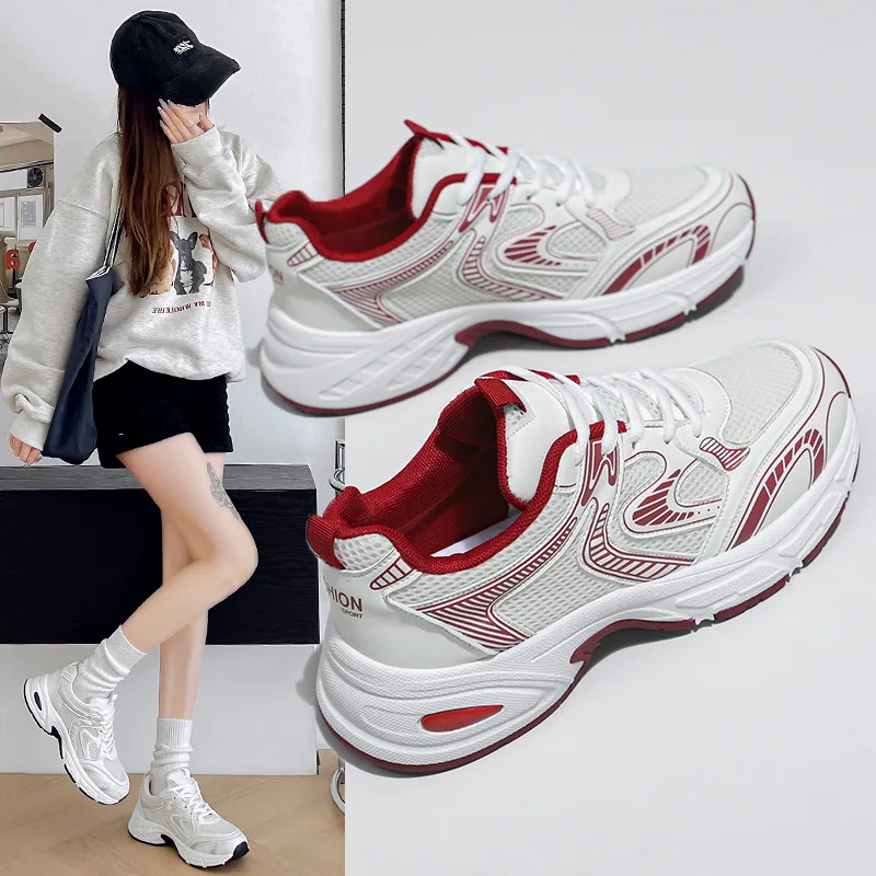 Spring and Autumn New Thick Sole Shallow Mouth Breathable Lace-up Match Color Sneakers Fashion Comfortable Casual Women's Shoes