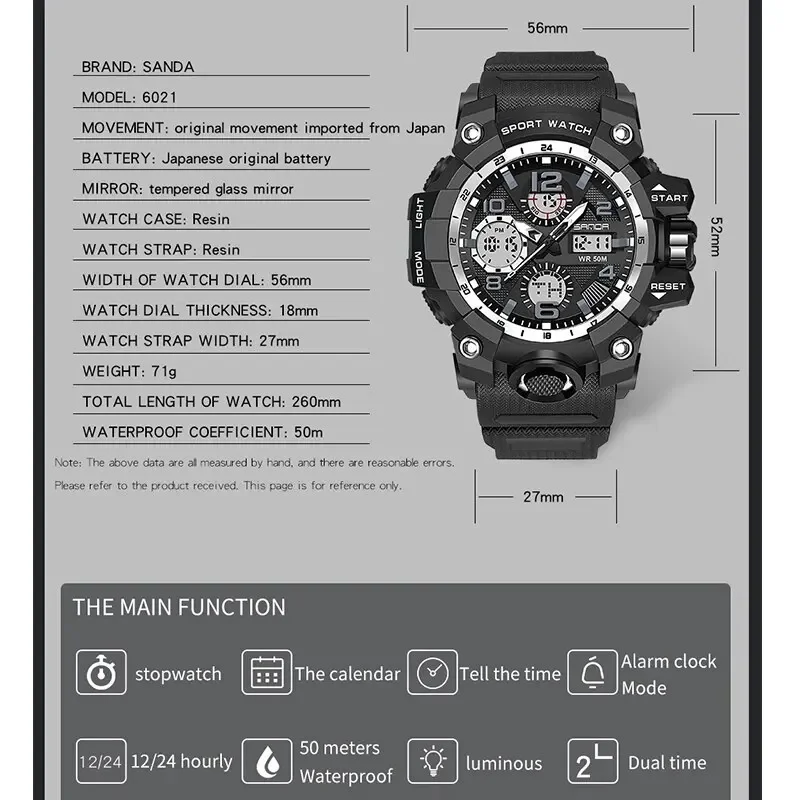 SANDA 6021 Sport Watch for Men Waterproof LED Dual Display Quartz Wristwatch Mens Digital Clock Military Stopwatch Reloj Hombre 6