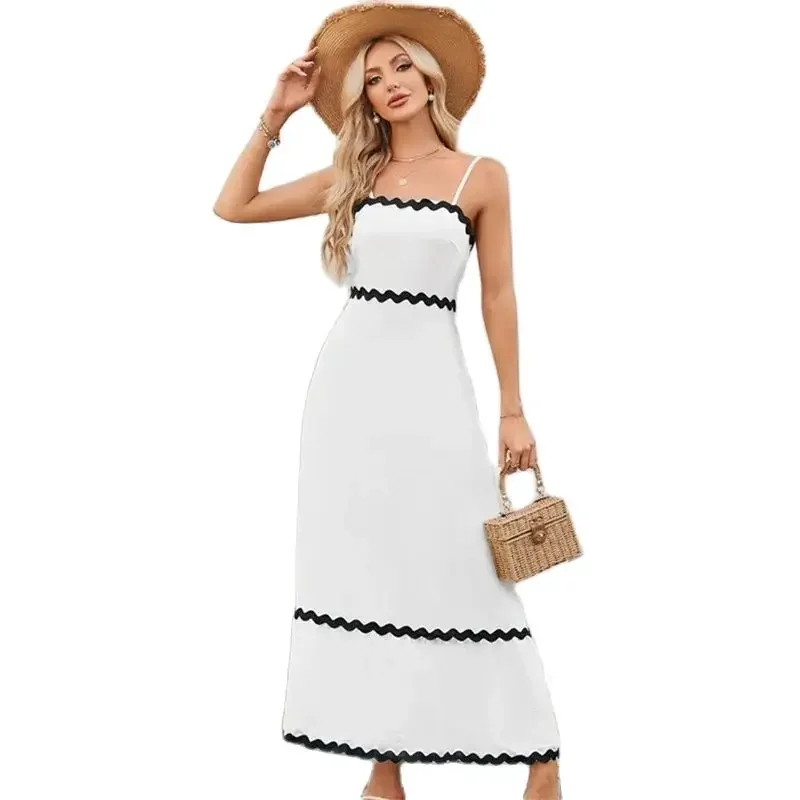 

Summer Color Blocking Wave Pattern Dresses Women New Sleeveless Backless Dress Female Casual Vacation High Waist Suspenders Gown