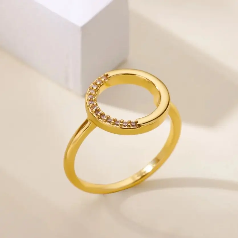 Zircon Geometric Round Ring 18K Gold Plated Stainless Steel Luxury