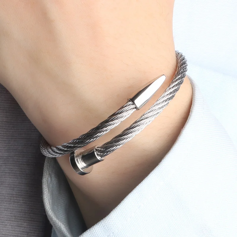 Fongten Punk Stainless Steel Wire Bangle For Men Nail Buckle Trendy Hip Hop Minimalist Male Jewelry Birthday Gift Wholesale 3