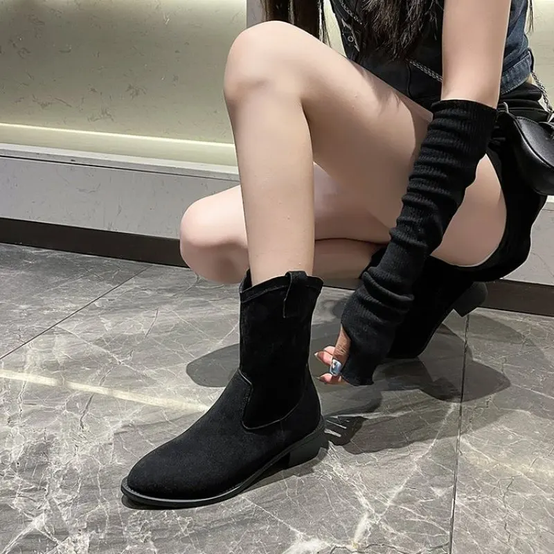 New Women Cowboy Ankle Boots Block Heels Flock Slip On Ladies Short Boot Autumn Retro Western Female Soild Plus Size Knight Boot