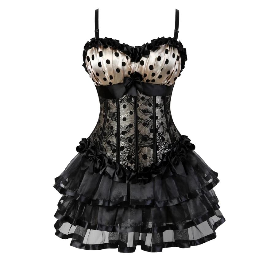 

Vintage Women Gothic Sexy Corset Dress Print Dot Cup Straps Corset Bustier Top With Mini Multilayer Mesh TulleTutu Skirt Set
