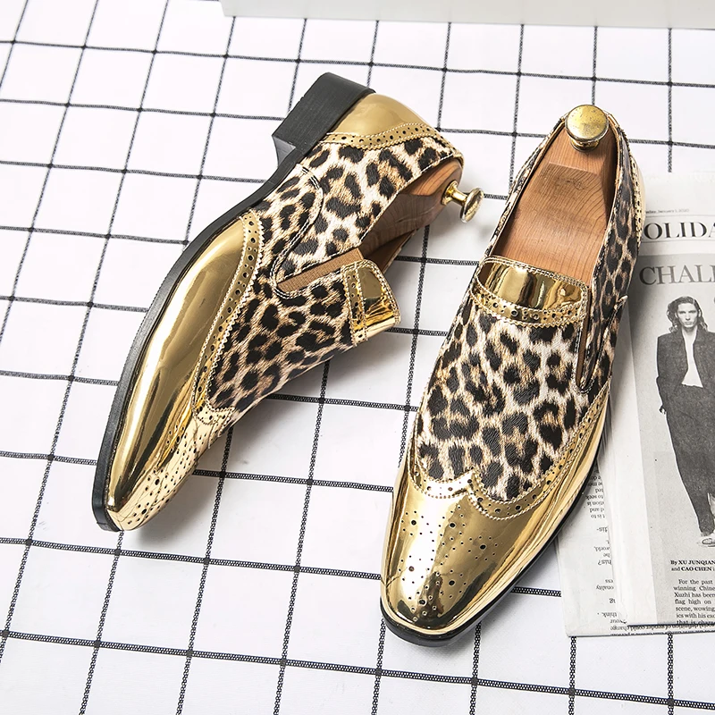 

Gold and Silver Men Fashion Shoes Leopard Print Casual Shoes Low Heel Loafers Men Mens Oxfords Business Wedding Moccasins Formal