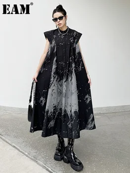 [EAM] Women Black Pattern Printed Big Size Midi Shirt Dress New Stand Collar Sleeveless Fashion Tide Spring Summer 2026 1DH5837