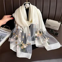 Women Silk Wool Scarf Floral Embroidery Hijab Female Foulard Spring Summer Thin Pashmina Shawls Wraps Bufanda Headscarf Stoles 2