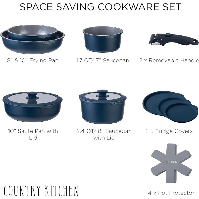 Country Kitchen 13 Piece Pots and Pans Set - Safe Nonstick Kitchen Cookware  with Removable Handle, RV Cookware Set, Oven Safe (Cream)