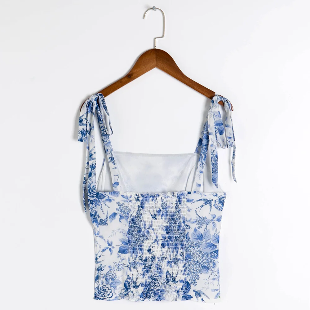 

Vintage Floral Print Chiffon Tops For Women Summer Sleeveless Tie Strap Sexy Crop Side Zipper Back Shirred Casual Cami