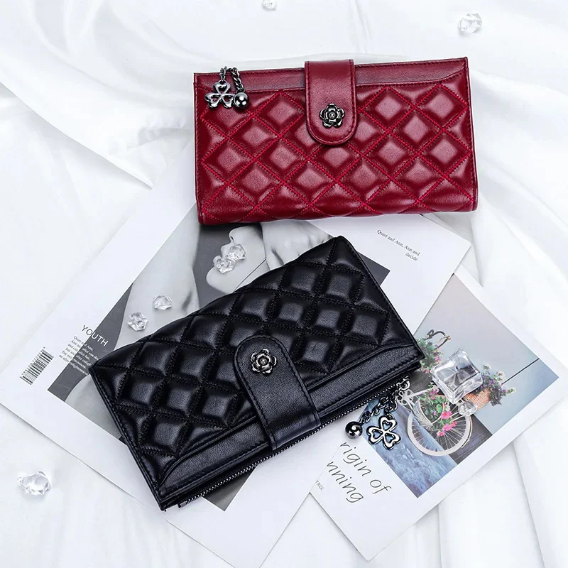 

Diamond Lattice Genuine Women Wallets Long Lady Clutch Brand Design Luxury Sheepskin Leather Female Wallet Purse