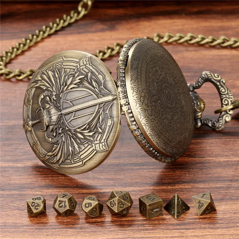 Bronze geschnitztes Paladin-Taschenuhrengehäuse, Fob-Kette, 7-teiliges polyedrisches Würfelset aus Metall für Unterhaltung, Rollenspiele, Gaming-Würfel – Detail 3